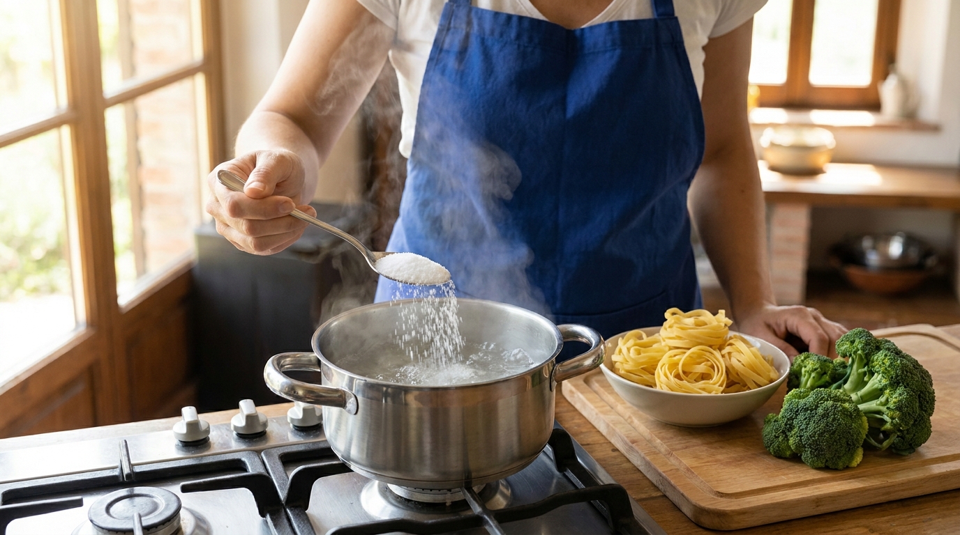 A home cook adding a spoonful of fine white salt to a pot of boiling water on a stovetop, with pasta or vegetables visible nearby ready to be added