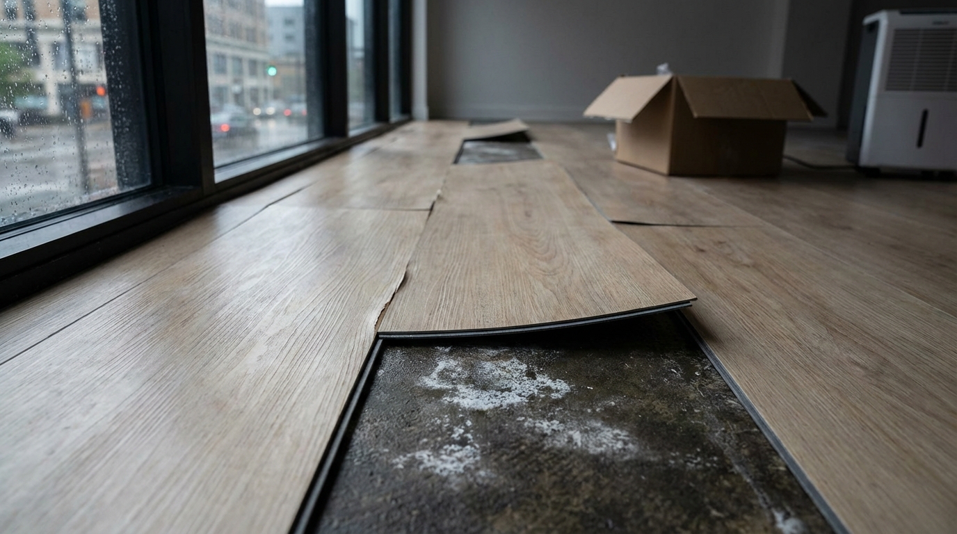 Warped and curled SPC vinyl flooring planks lifting from the subfloor in a humid commercial space, showing moisture damage and delamination