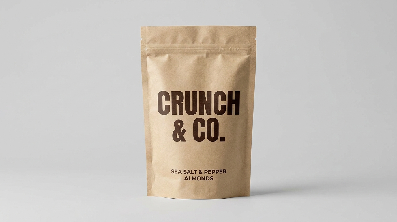A snack pouch with the brand name printed very large and bold in the center, clearly readable from a distance, against a plain background