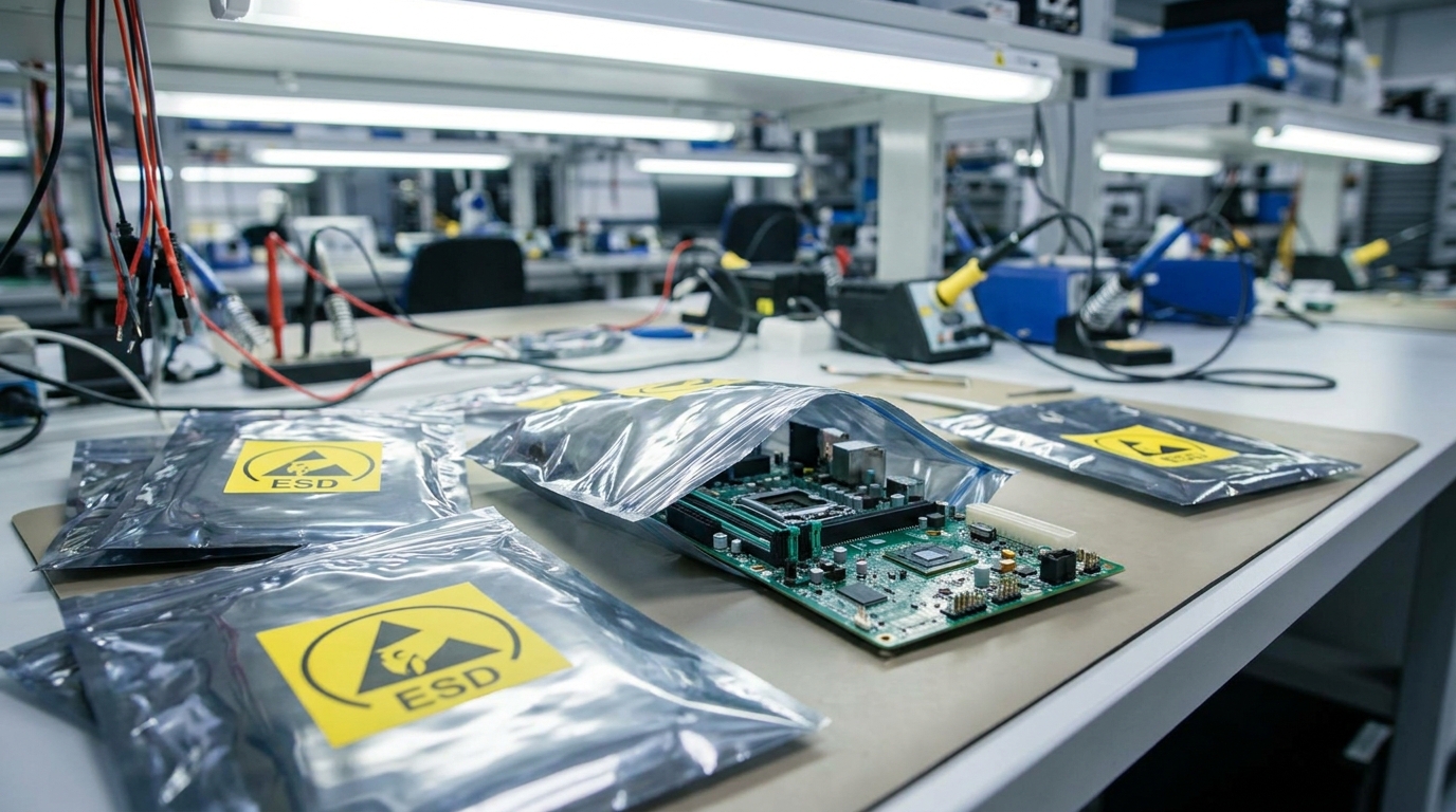 Beberapa kantong ESD shielding warna abu-abu metalik dengan zip-lock dan label peringatan ESD kuning, dipotret di atas meja kerja pabrik elektronik dengan satu kantong terbuka memperlihatkan motherboard di dalamnya