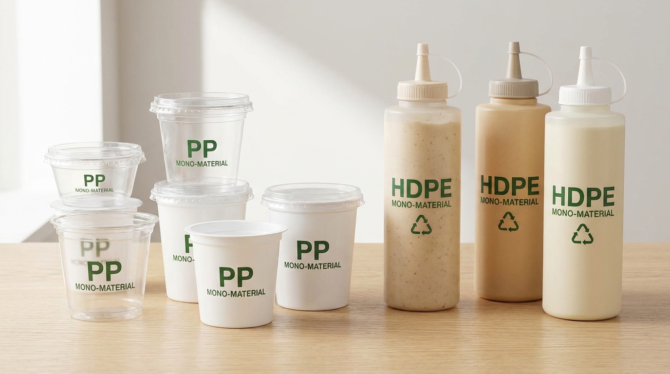 Mono-material food packaging including PP yogurt cups and HDPE sauce bottles