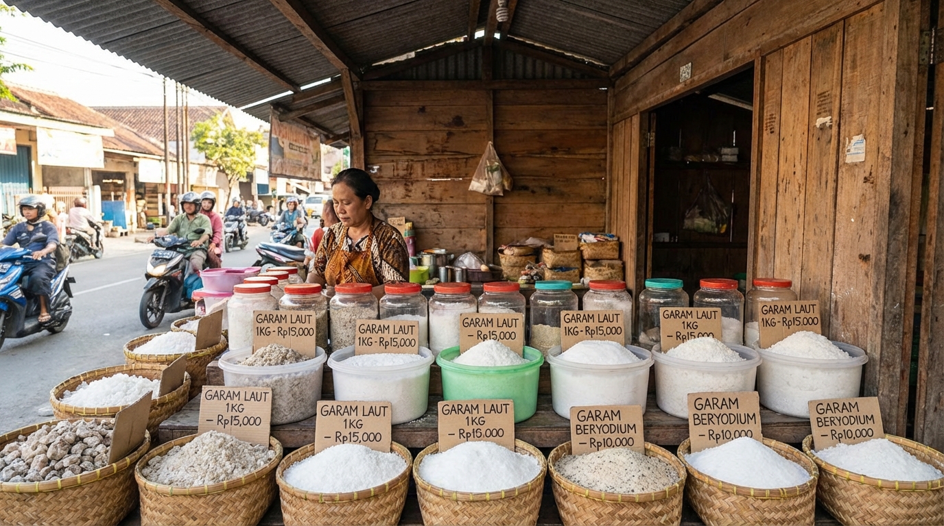 Rak warung kelontong tradisional Indonesia berisi berbagai kemasan garam dapur dengan harga tertulis di kertas kecil