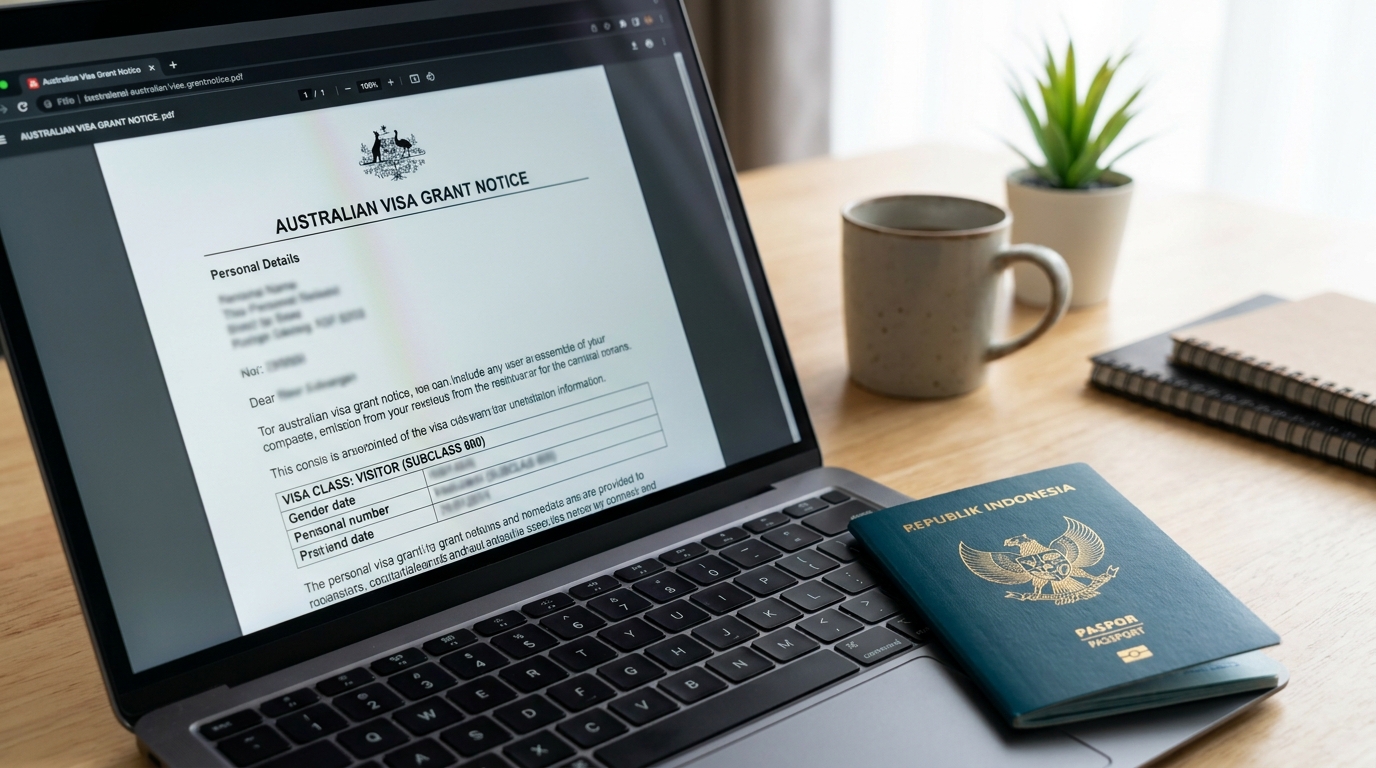 Close-up of an Australian visa grant letter PDF displayed on a laptop screen, with a blue Indonesian passport resting next to the keyboard, soft natural office lighting, neutral desk surface