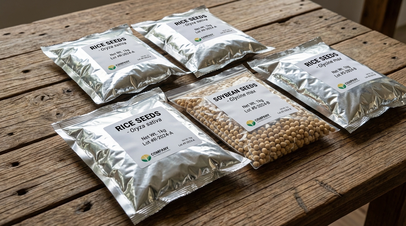 Sealed aluminum foil and polyethylene seed packets for rice and soybean seeds laid out on a wooden surface, showing clear printed labels