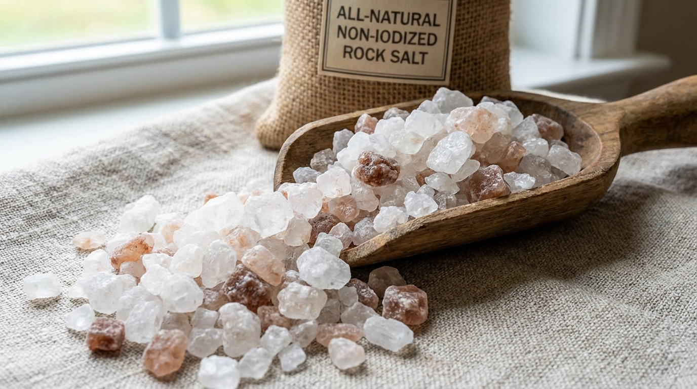 Coarse non-iodized rock salt crystals showing irregular large grains