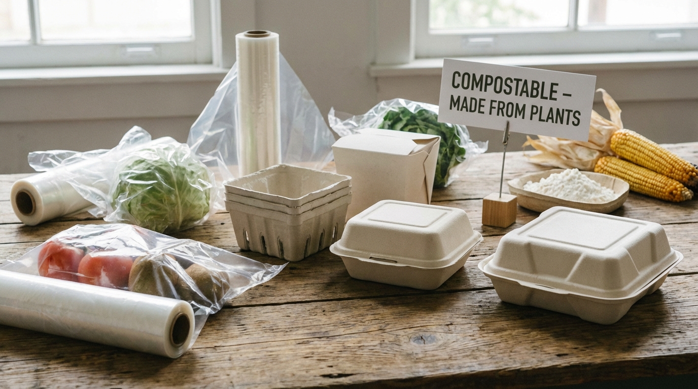 Biodegradable plastic packaging materials made from plant-based sources like corn starch, showing transparent film and molded containers