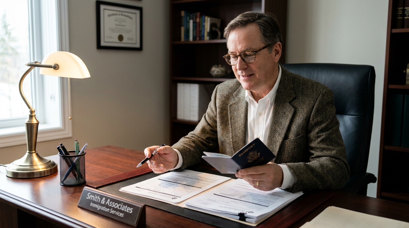 An immigration consultant at a desk reviewing a passport and printed application documents under warm office lighting