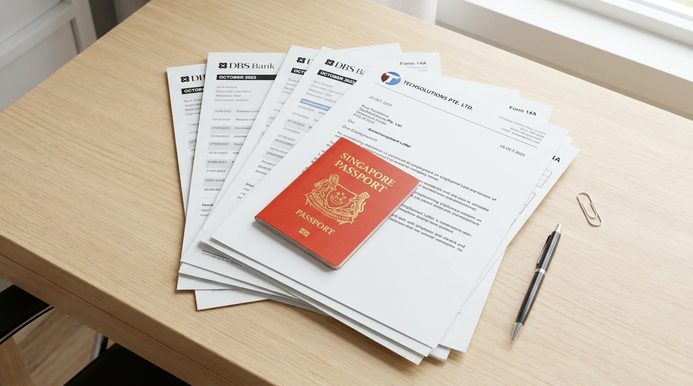 A neat stack of Singapore visa application documents on a desk including a Singapore passport, printed bank statements, and an employment letter on letterhead, viewed from above in natural light
