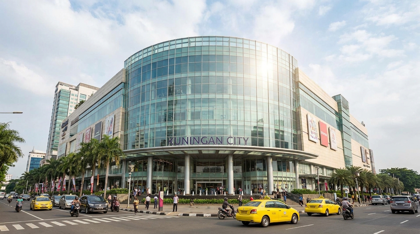Exterior of Kuningan City Mall in Jakarta with modern glass facade and multi-story shopping center, daylight, urban Jakarta setting