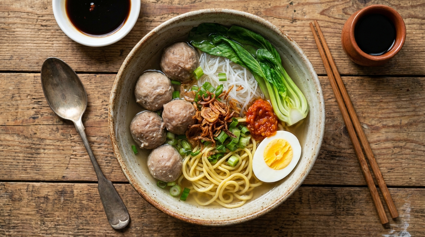 A bowl of Indonesian bakso with meatballs, clear broth, noodles, fried shallots, and chopped celery, photographed from above on a wooden table