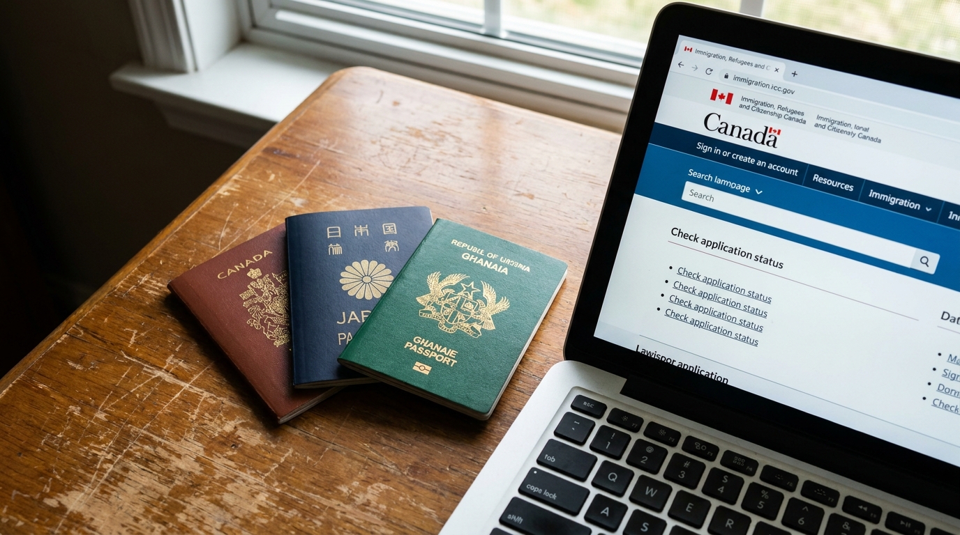 A close-up of three different passports fanned out on a wooden desk, including one Asian passport and one African passport, next to a laptop screen showing the IRCC Canada immigration portal homepage