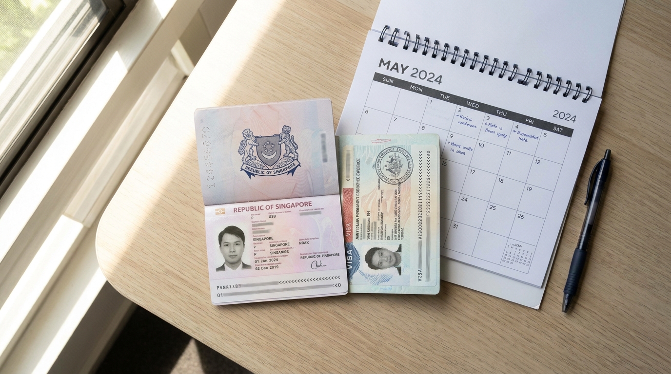 A Singapore passport open to an Australian permanent residence evidence page, a wall calendar and a pen beside it, photographed from directly above on a clean desk in natural light