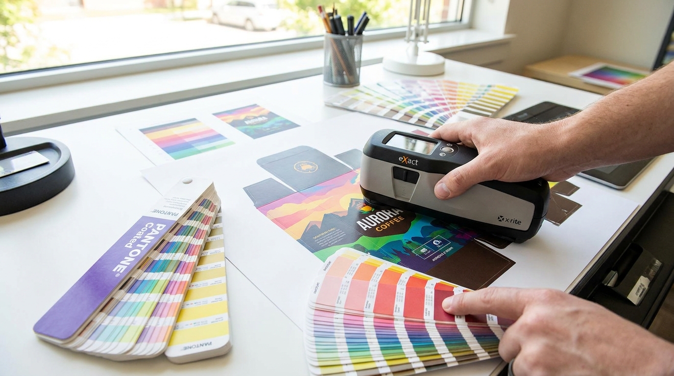 Handheld spectrophotometer measuring color on a printed packaging sample beside an open Pantone swatch book