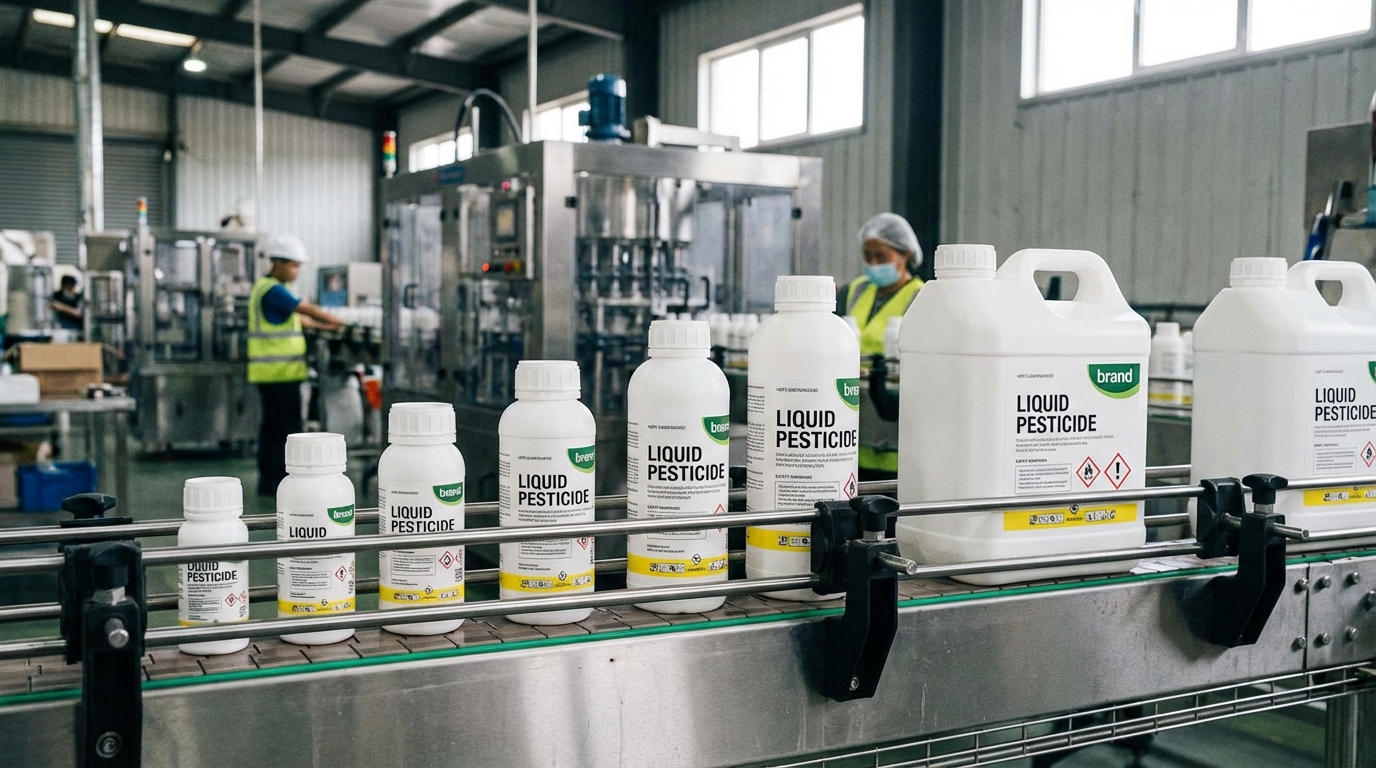 Row of HDPE plastic bottles in various sizes (100ml to 5 liters) for liquid pesticide packaging, displayed on a factory production line