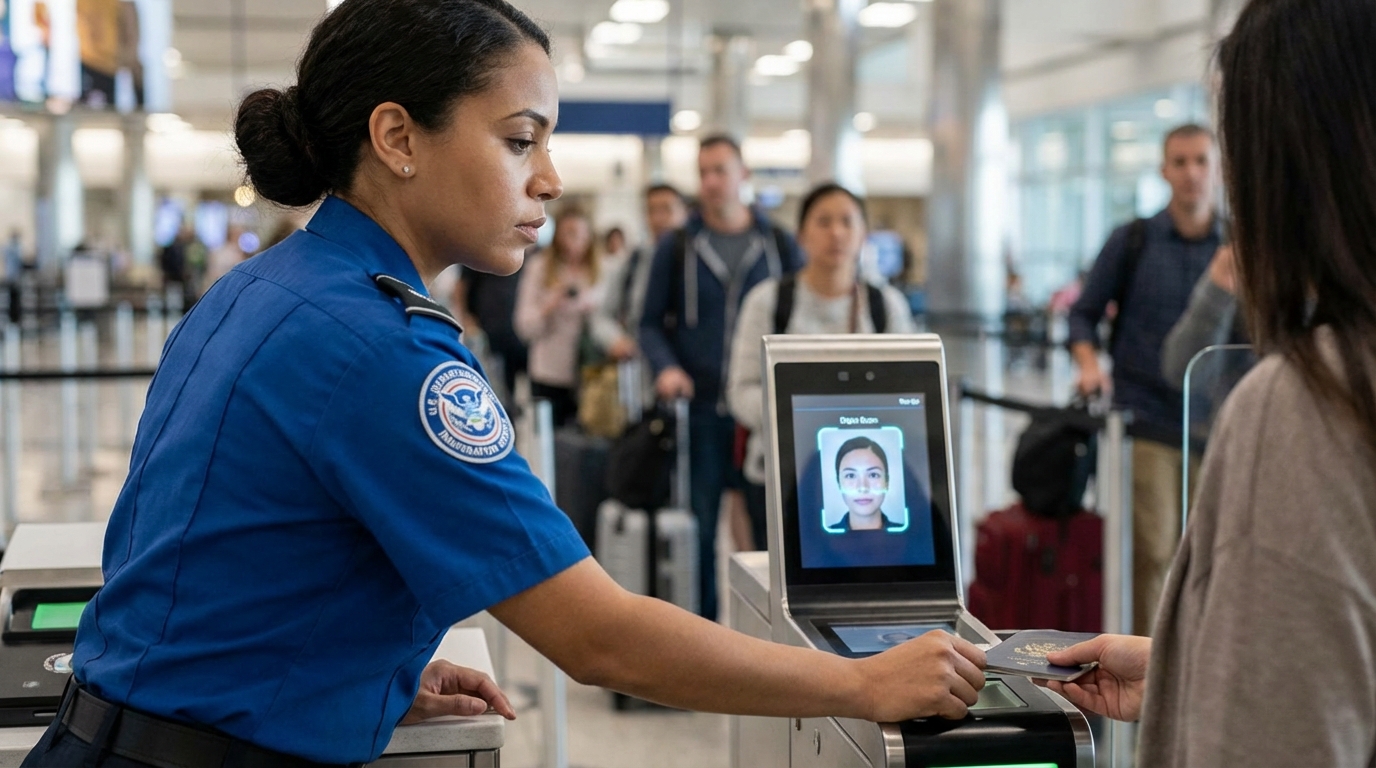 Immigration officer at airport desk scanning passport at electronic gate