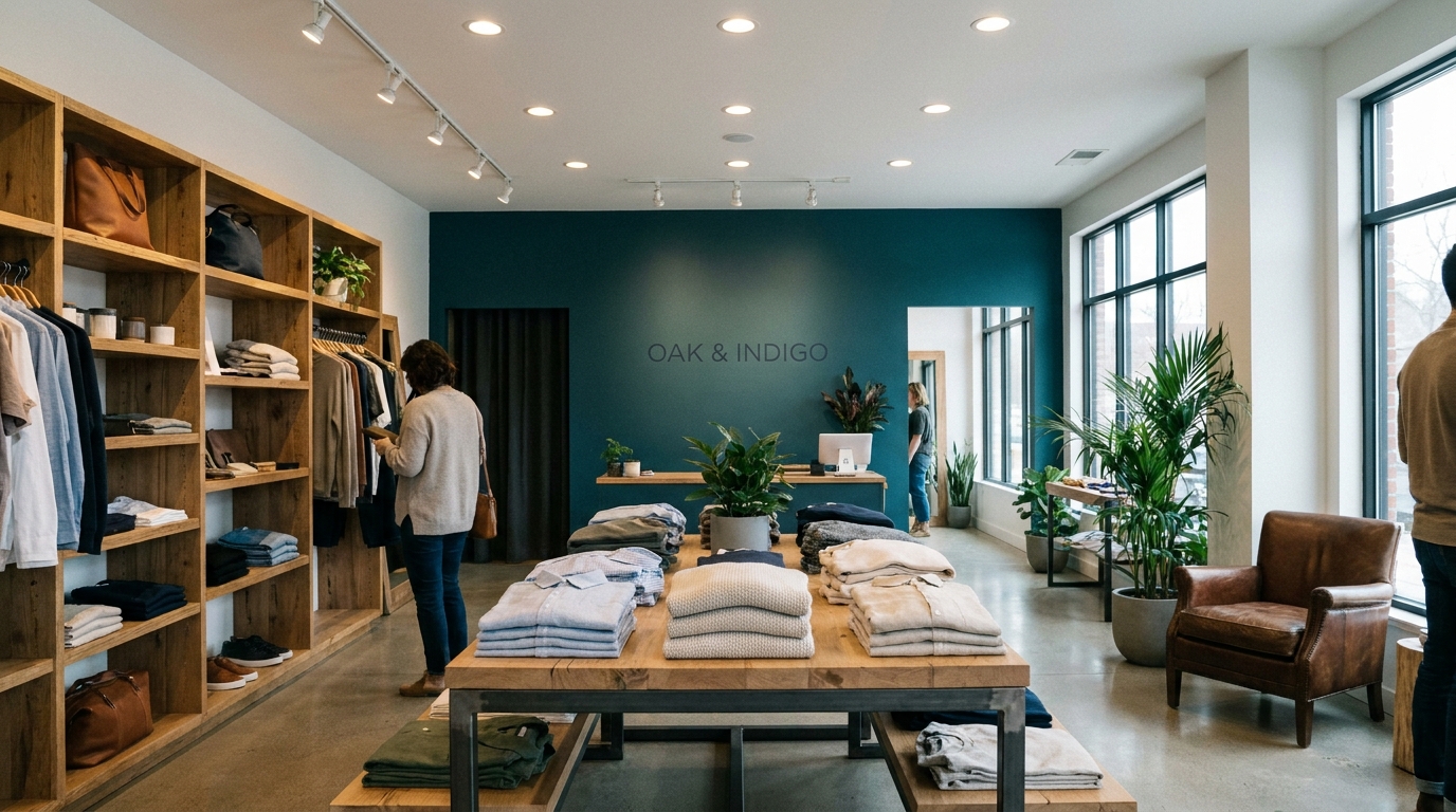 A boutique retail shop interior with custom wooden display shelving, brand-colored accent wall, recessed ceiling lighting, and folded apparel arranged on a central table
