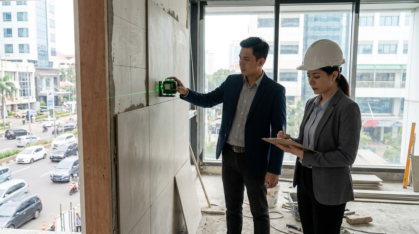 Two project managers in business attire inspecting newly installed wall tiles in a Jakarta commercial space, one holding a laser level against the wall, the other taking notes on a clipboard