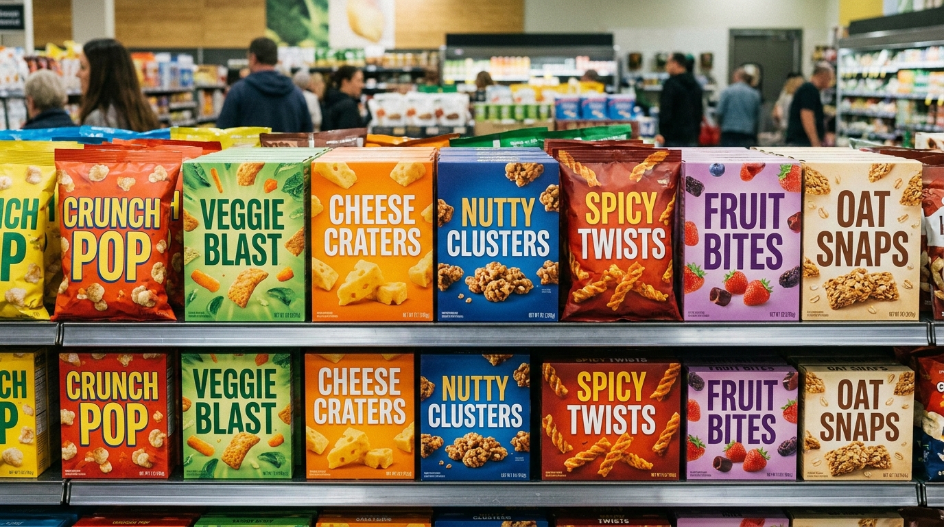 Beberapa kemasan produk makanan ringan dengan desain warna-warni dan tulisan tebal besar, ditata berjajar di rak toko