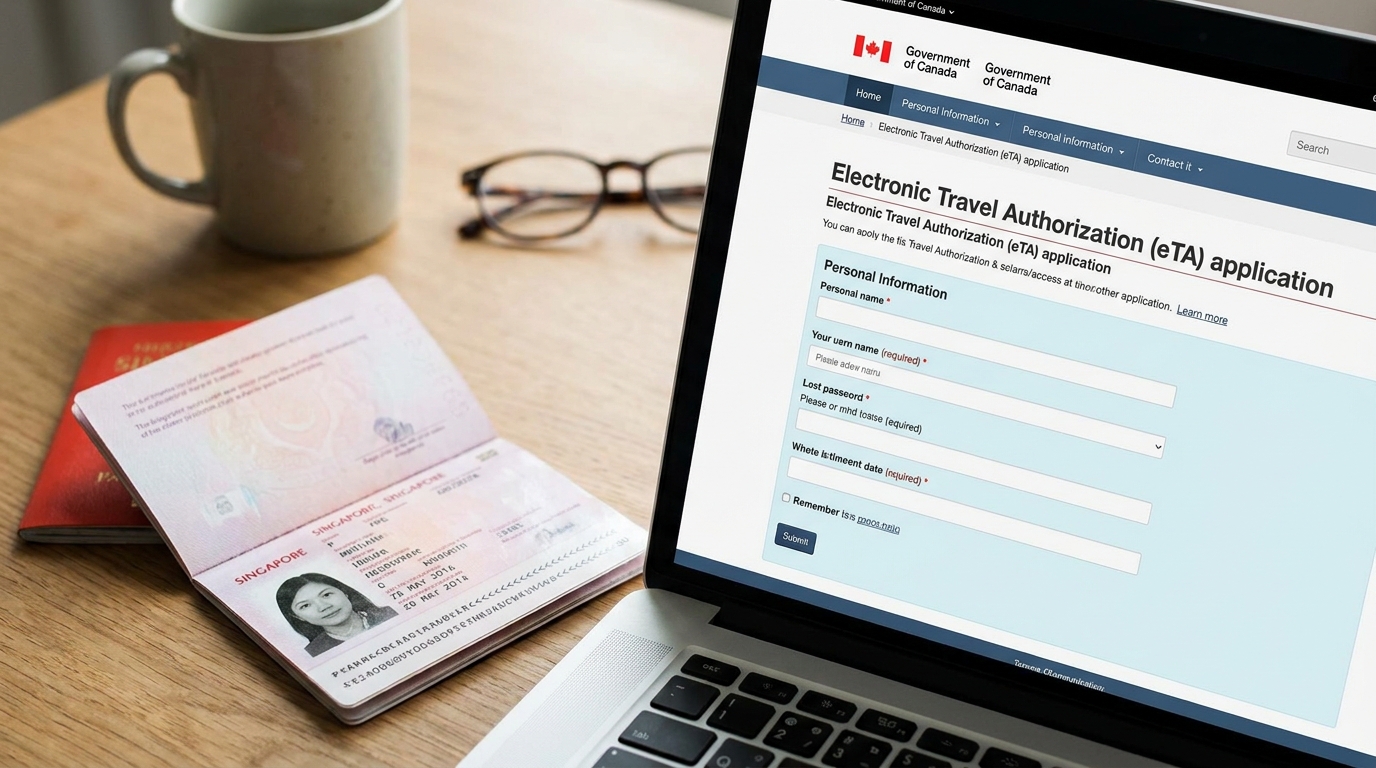 A Singapore passport open to the photo page next to a laptop screen showing the Government of Canada eTA application form