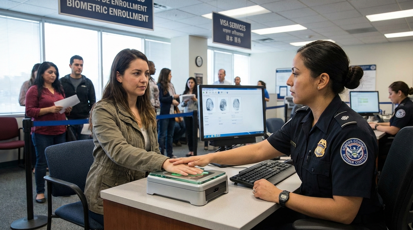 Immigration officer collecting fingerprint biometrics from visa applicant at application center