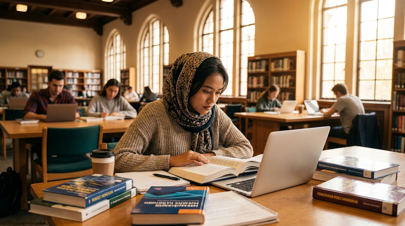 An Indonesian student studying at a desk with textbooks and a laptop, university library in the background, focused expression, warm natural lighting