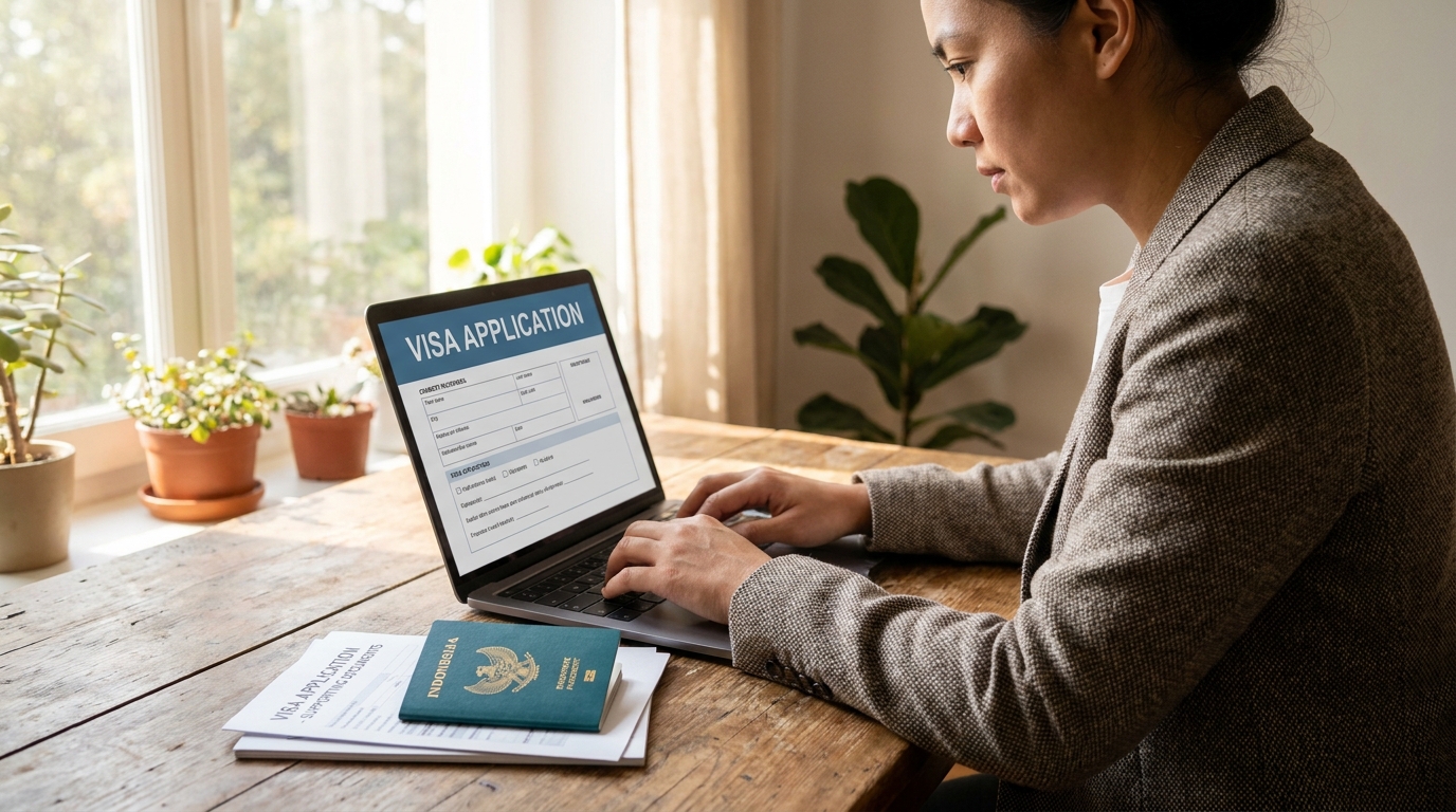 A person sitting at a wooden desk filling out a visa application form on a laptop, with an Indonesian passport and a small stack of supporting documents beside the laptop, soft natural daylight from a window