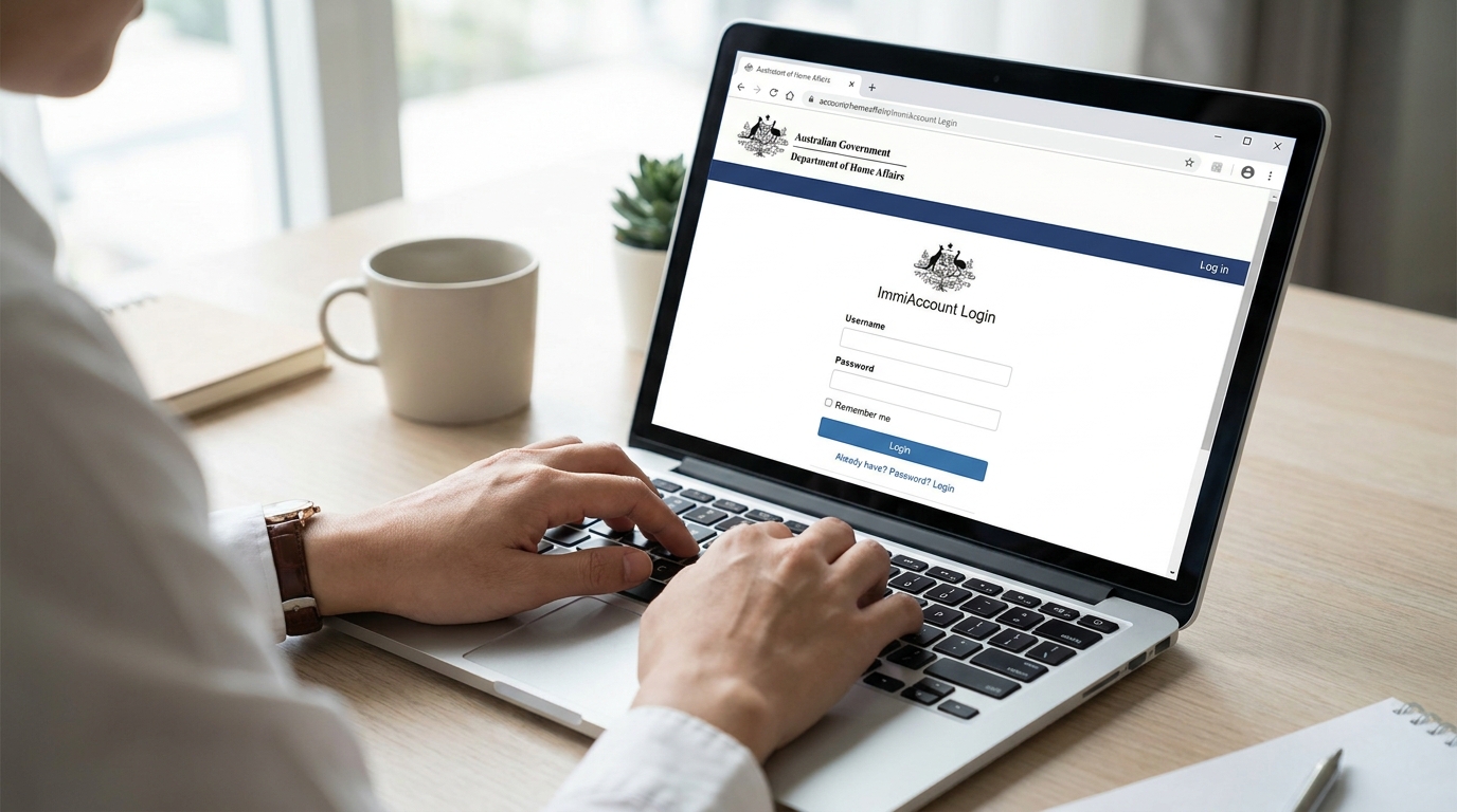 A laptop screen displaying an Australian government visa application portal login page, with a person's hands typing on the keyboard, soft natural office lighting, neutral desk background