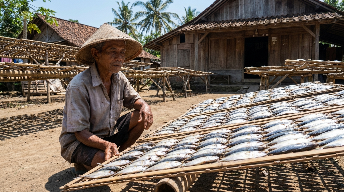 Seorang nelayan Indonesia sedang menjemur ikan kembung yang sudah digarami di atas para-para bambu di bawah sinar matahari terik di halaman rumah