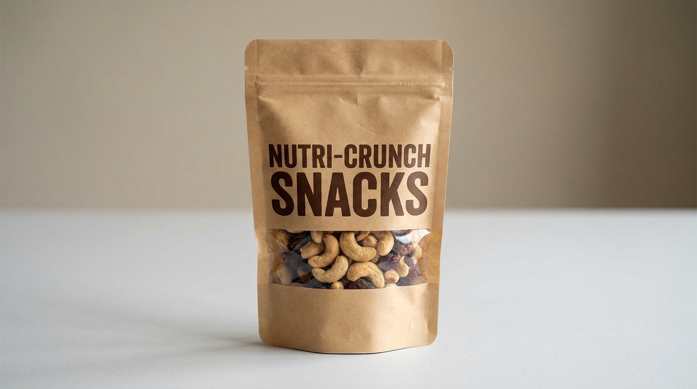 A stand-up snack pouch with the brand name printed large and bold in the center, clearly readable from a distance, shown against a plain background