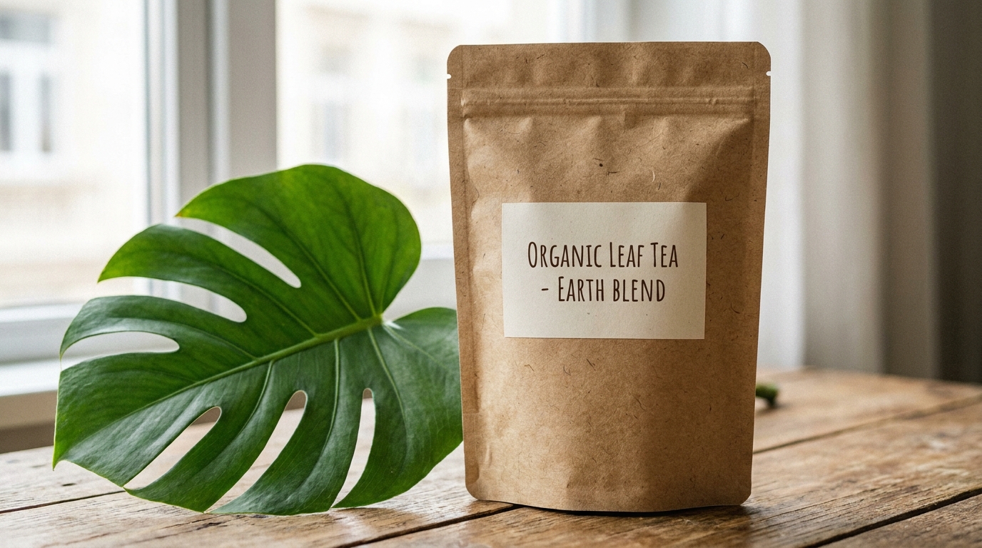 Kemasan pouch dari bahan kertas cokelat daur ulang dengan label sederhana, diletakkan di samping daun hijau