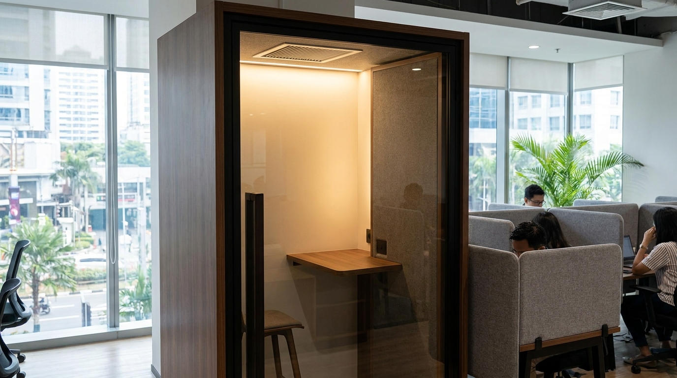 A single-occupancy acoustic phone booth pod inside a Jakarta coworking floor, with a solid door, small internal desk, ventilation grille at the top, a soft interior light on, standing next to a row of quiet-zone desks separated by upholstered fabric panels