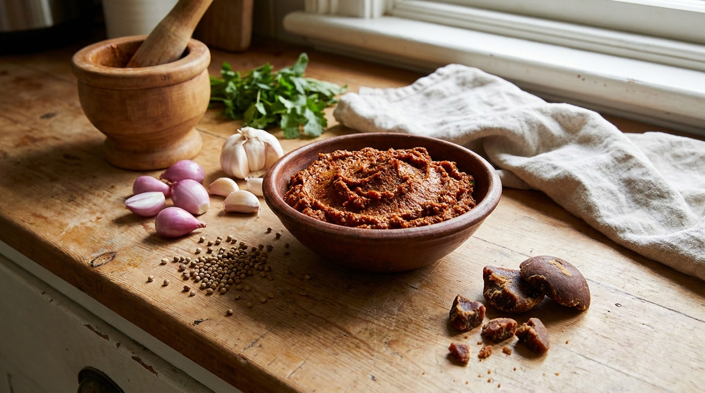 Mangkuk berisi bumbu halus berwarna cokelat kemerahan dengan bawang merah, bawang putih, ketumbar, dan gula merah di atas meja dapur