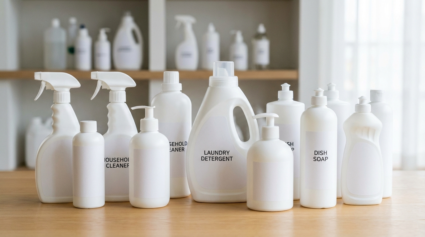 White opaque HDPE bottles and containers for household chemicals and detergents