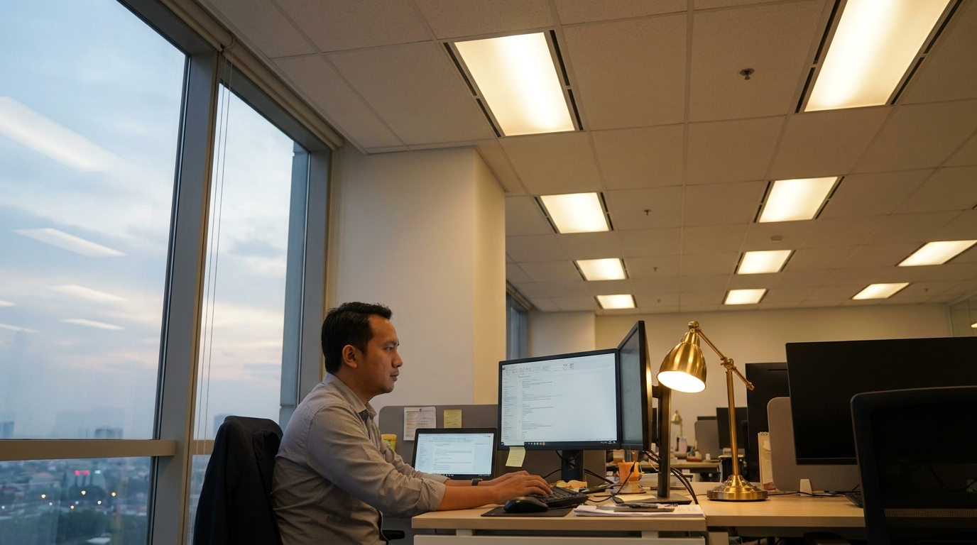 An office worker at a desk in a Jakarta commercial office under low-UGR recessed LED panels with a warm task lamp on the desk beside a monitor, evening light through the window, no glare on the screen