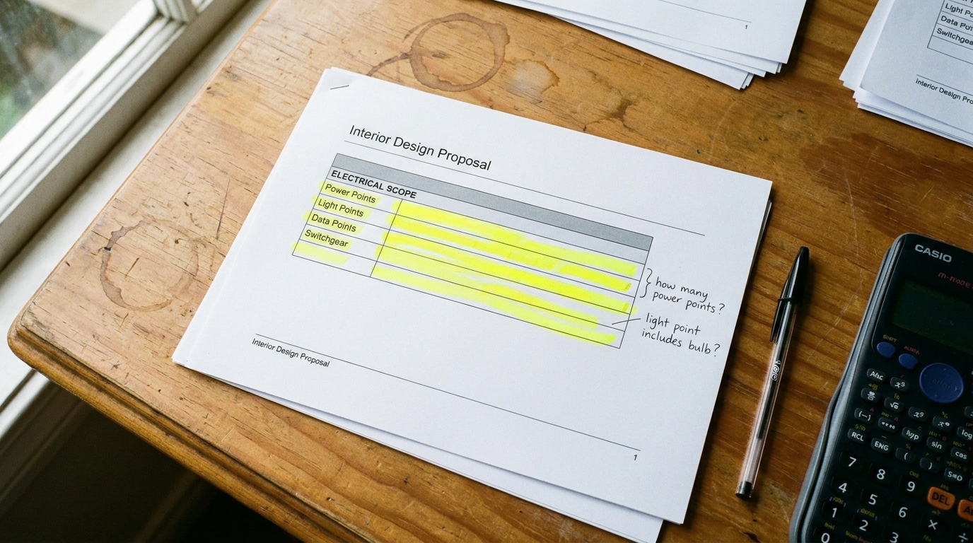 A printed interior design proposal page on a desk with electrical scope rows highlighted in yellow marker, handwritten margin notes asking "how many power points?" and "light point includes bulb?", next to a calculator and a pen