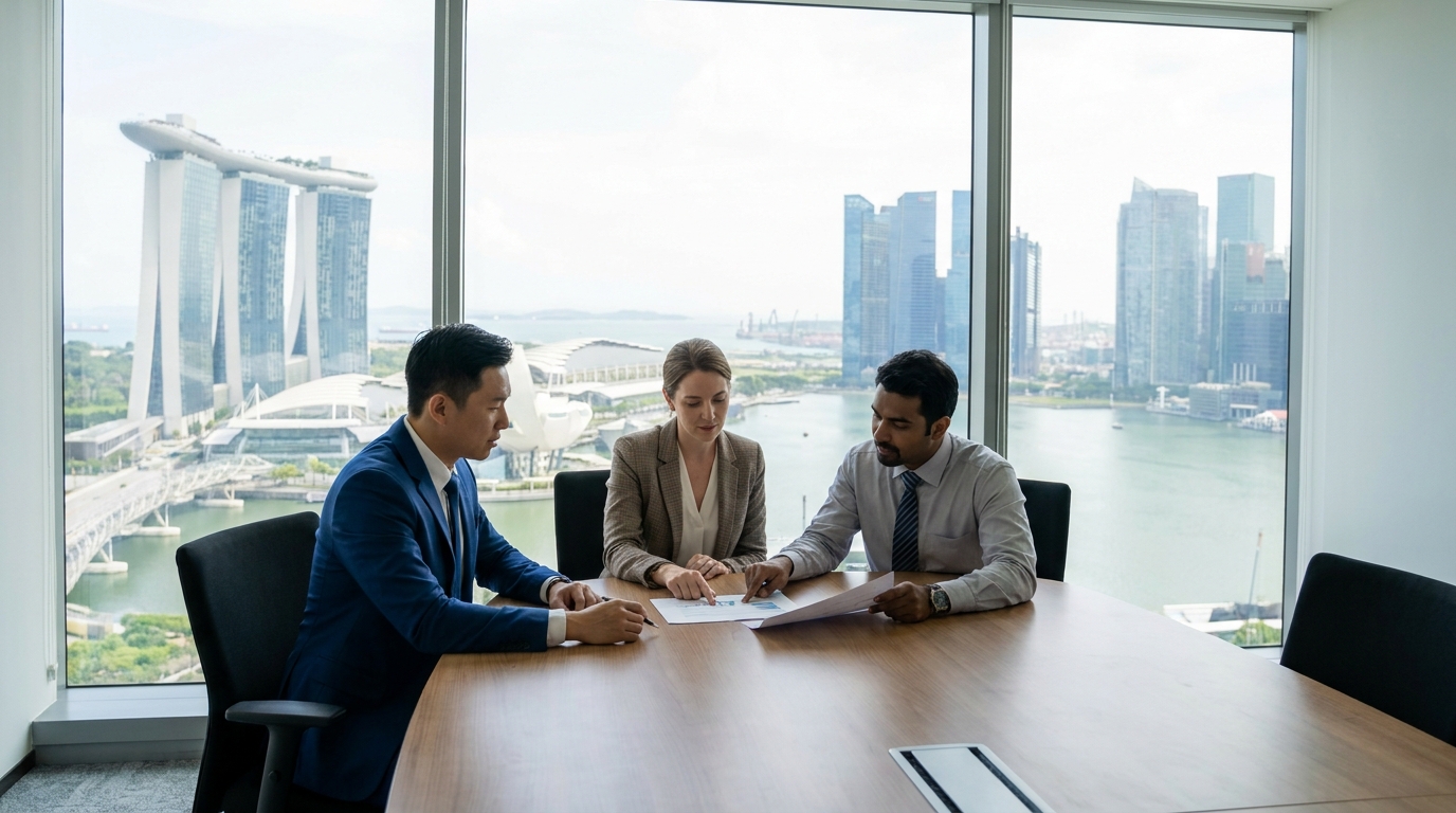 Three business professionals seated around a meeting table in a modern Singapore office reviewing documents, a large floor-to-ceiling window with the Singapore CBD skyline visible in the background, natural daylight, photographed from a side angle