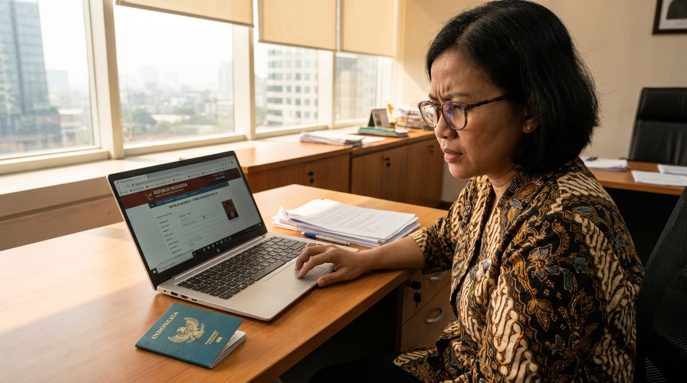 An Indonesian professional sitting at a desk filling out an online immigration form on a laptop, official documents and passport beside the laptop, focused expression, warm office lighting