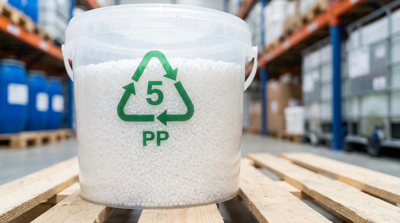 White polypropylene (PP) plastic resin pellets with recycling symbol number 5