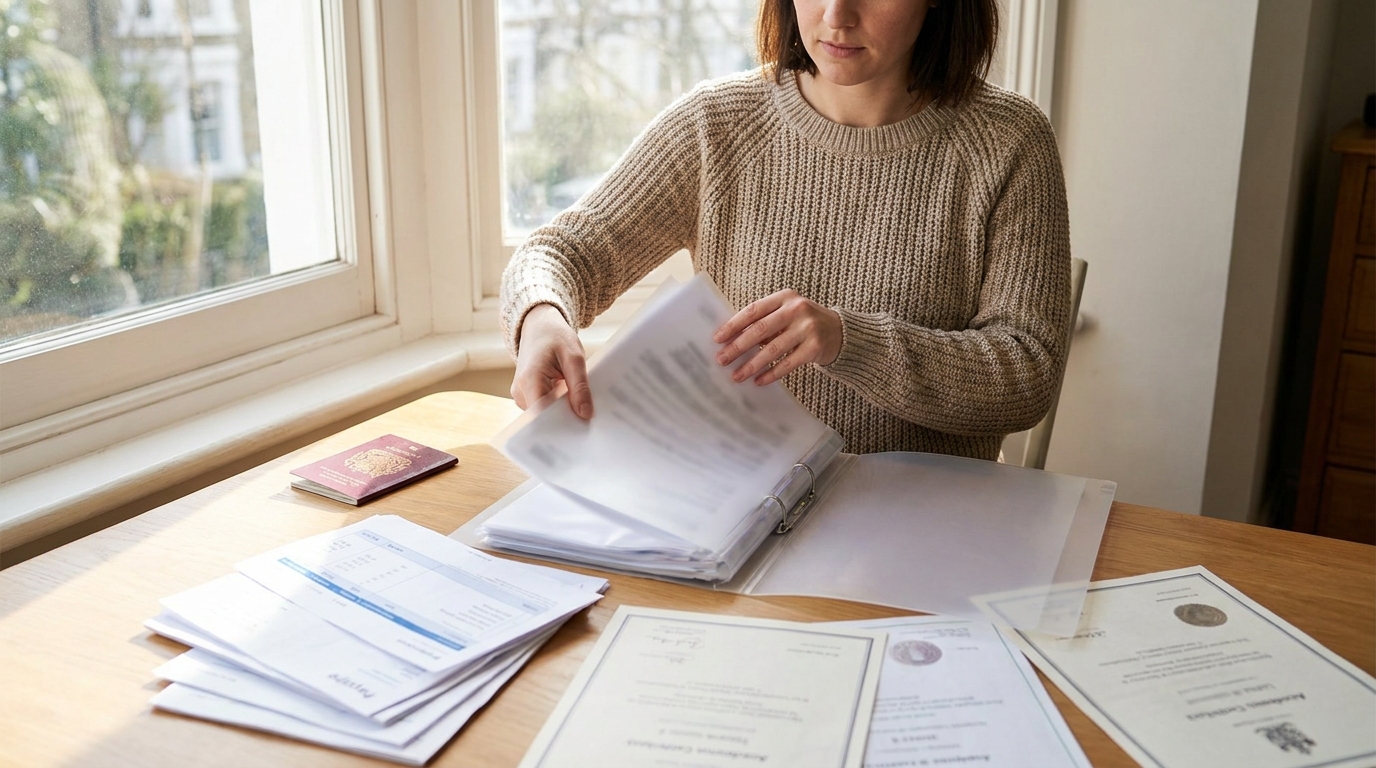 A person at a desk organising printed documents into a clear folder, with a passport, payslips, and academic transcripts visible on the desk, soft daylight from a window, no readable text on documents