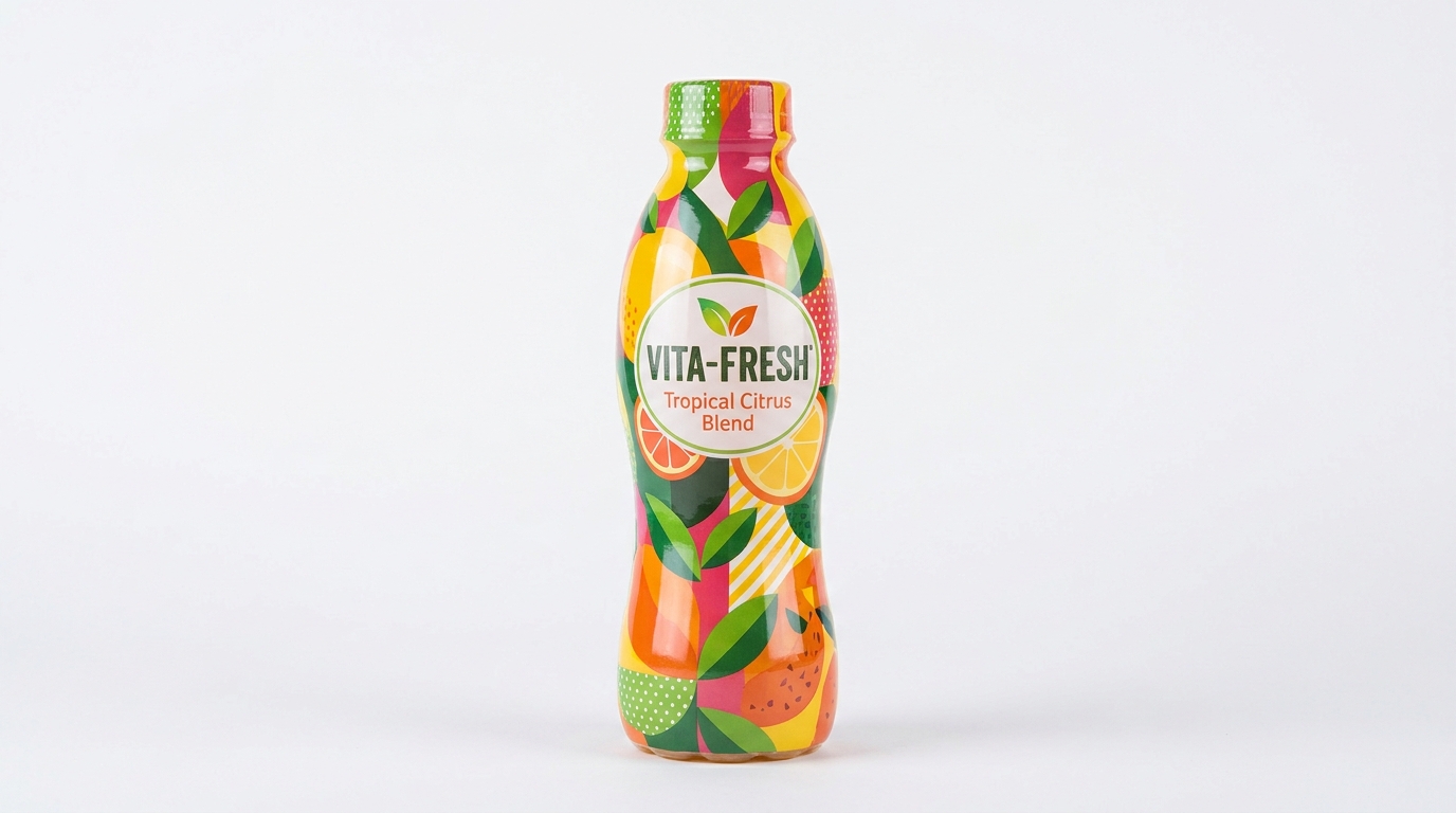 A clear plastic bottle wrapped fully with a colorful printed shrink sleeve label that hugs the curved shape of the bottle from neck to base, shown against a plain white background