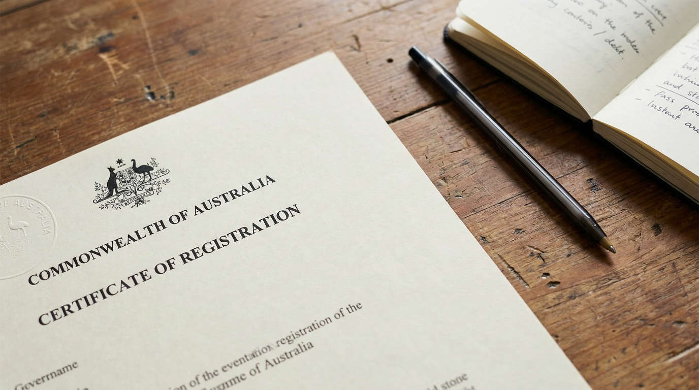 A close-up of an Australian government-style registration certificate document on a wooden desk, partially visible seal or embossed stamp at the top, a pen and small notebook placed beside it, photographed from slightly above in soft natural light