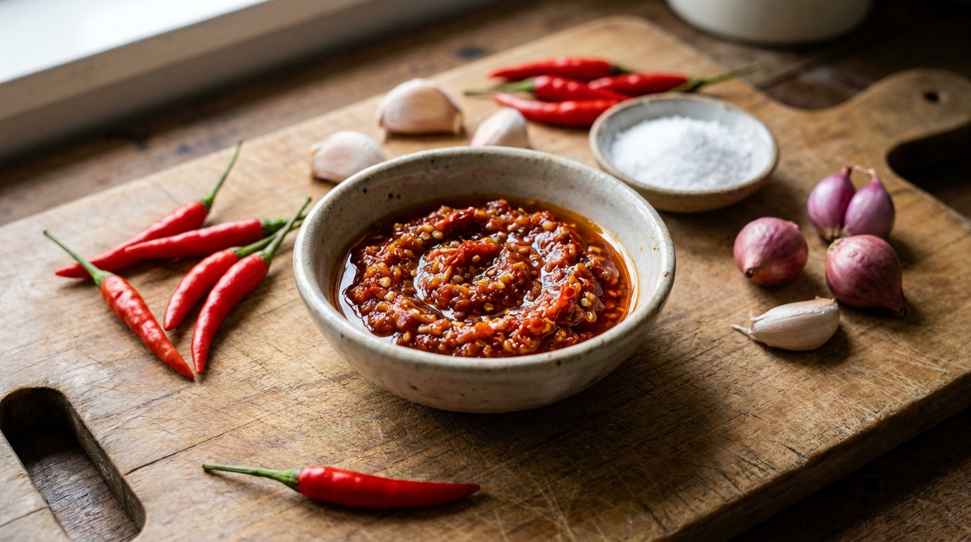 A small ceramic bowl of freshly made red chili sambal on a wooden cutting board, with whole red chilies, garlic cloves, shallots, and a small dish of fine white salt arranged around it