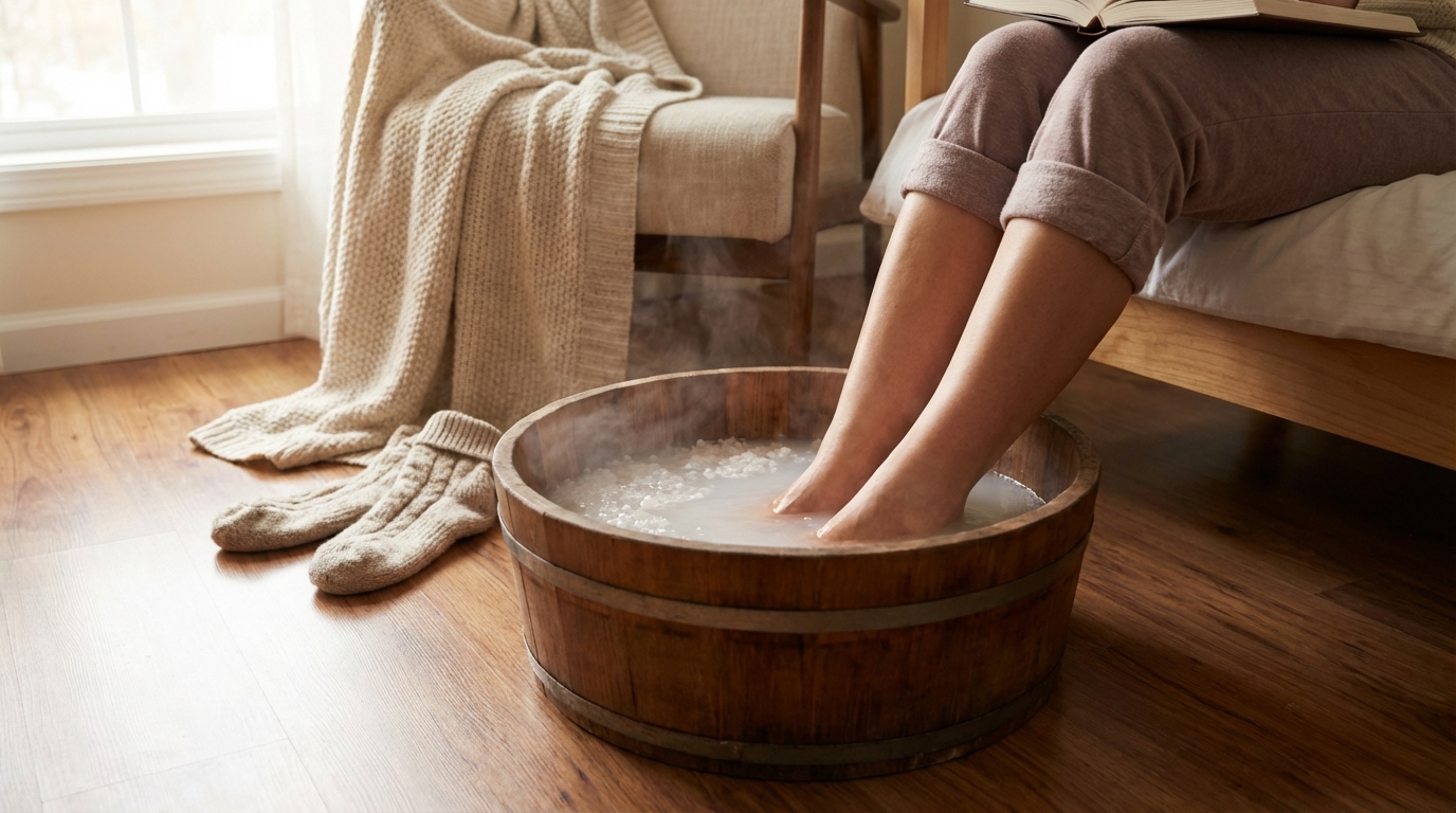 Sepasang kaki wanita direndam dalam baskom berisi air hangat dan garam di lantai kamar, terlihat rileks