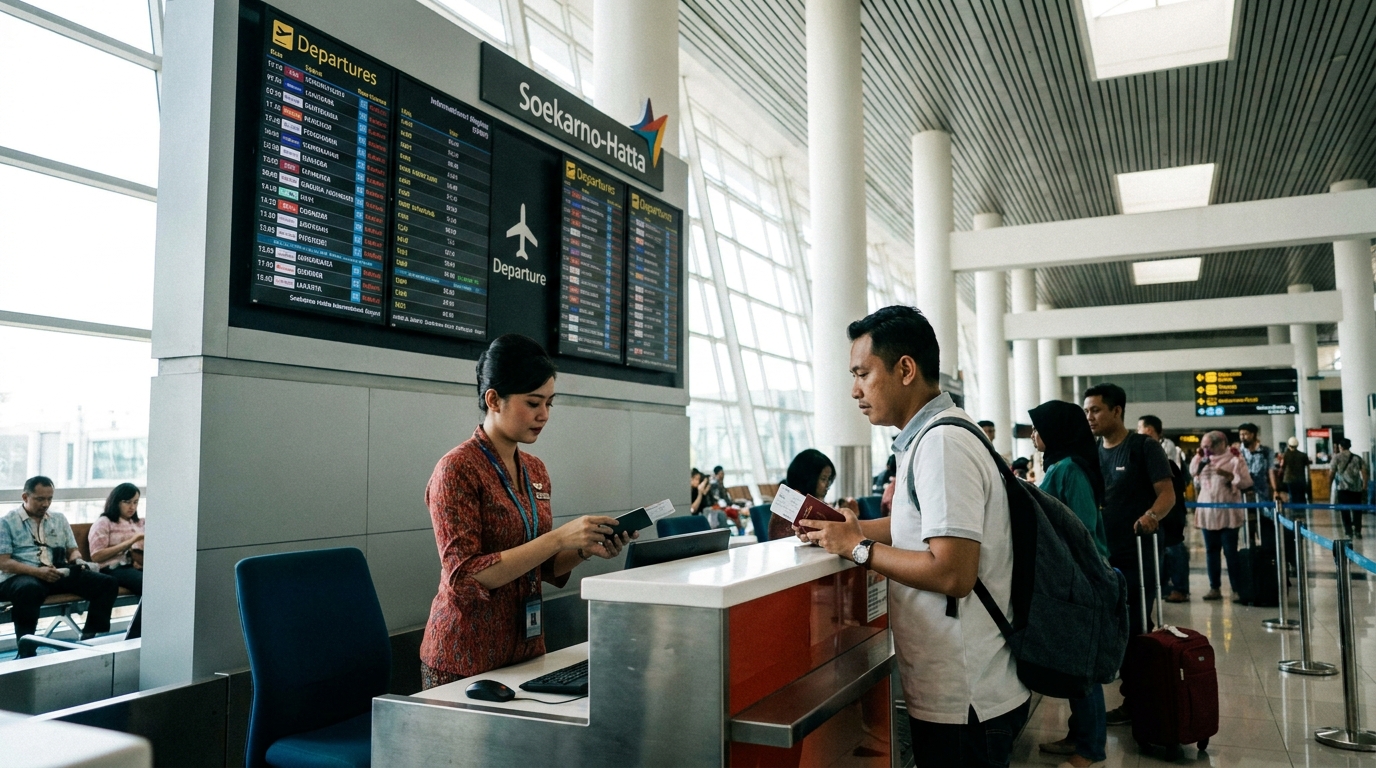 An airline check-in counter at Soekarno-Hatta International Airport with an airline staff member looking at a passenger's passport and boarding documents, departure boards visible in the background, professional travel photography, natural indoor lighting