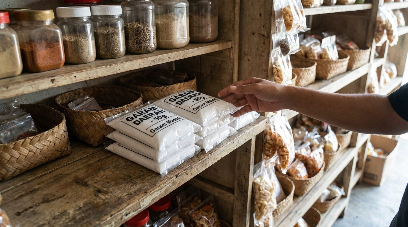 Tumpukan kemasan plastik garam dapur kecil berwarna putih dengan label sederhana di rak kayu warung kelontong tradisional Indonesia