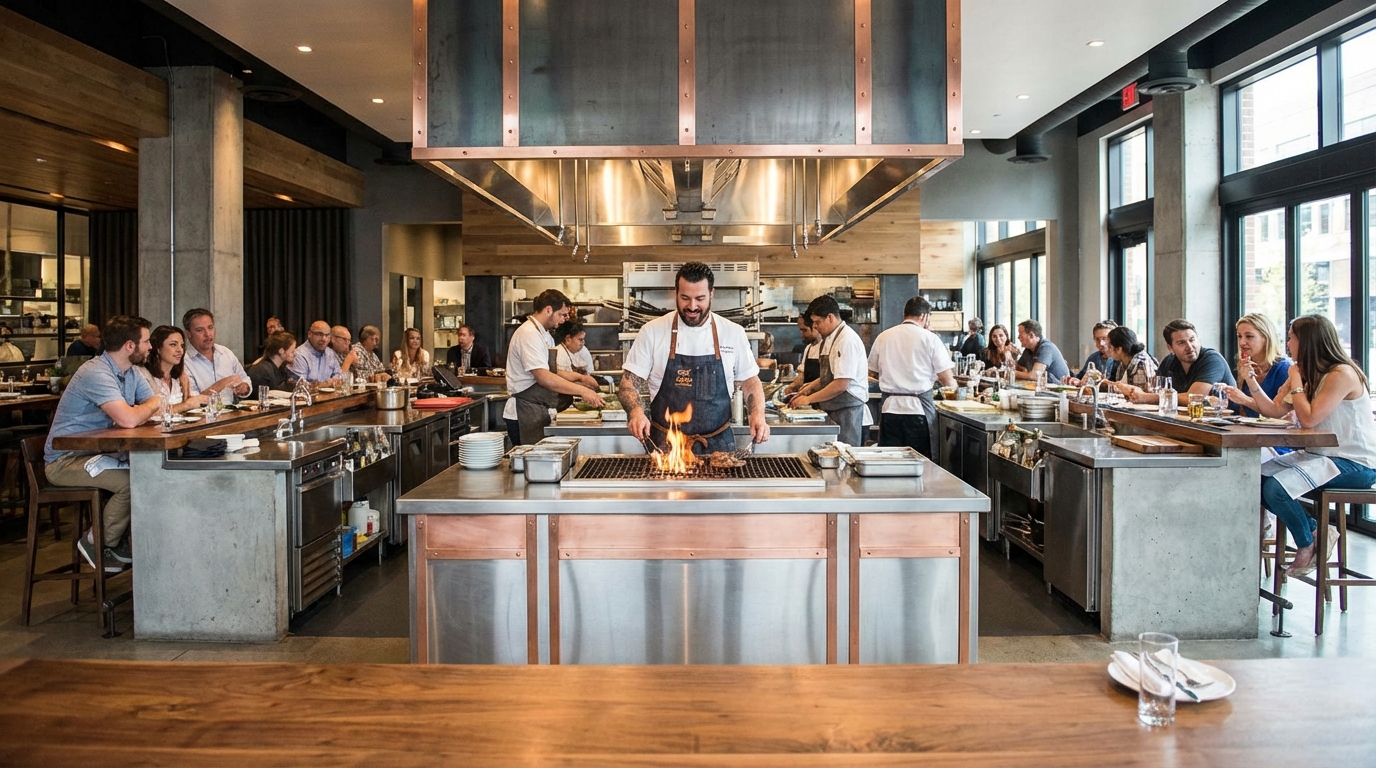 Modern restaurant open kitchen with chef cooking at central island surrounded by dining area