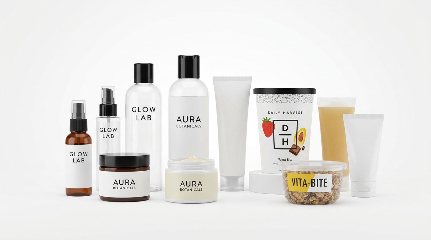 Several plastic packaging products on a clean white background, each showing clearly visible brand logos on bottles, jars, and containers used for skincare and food products