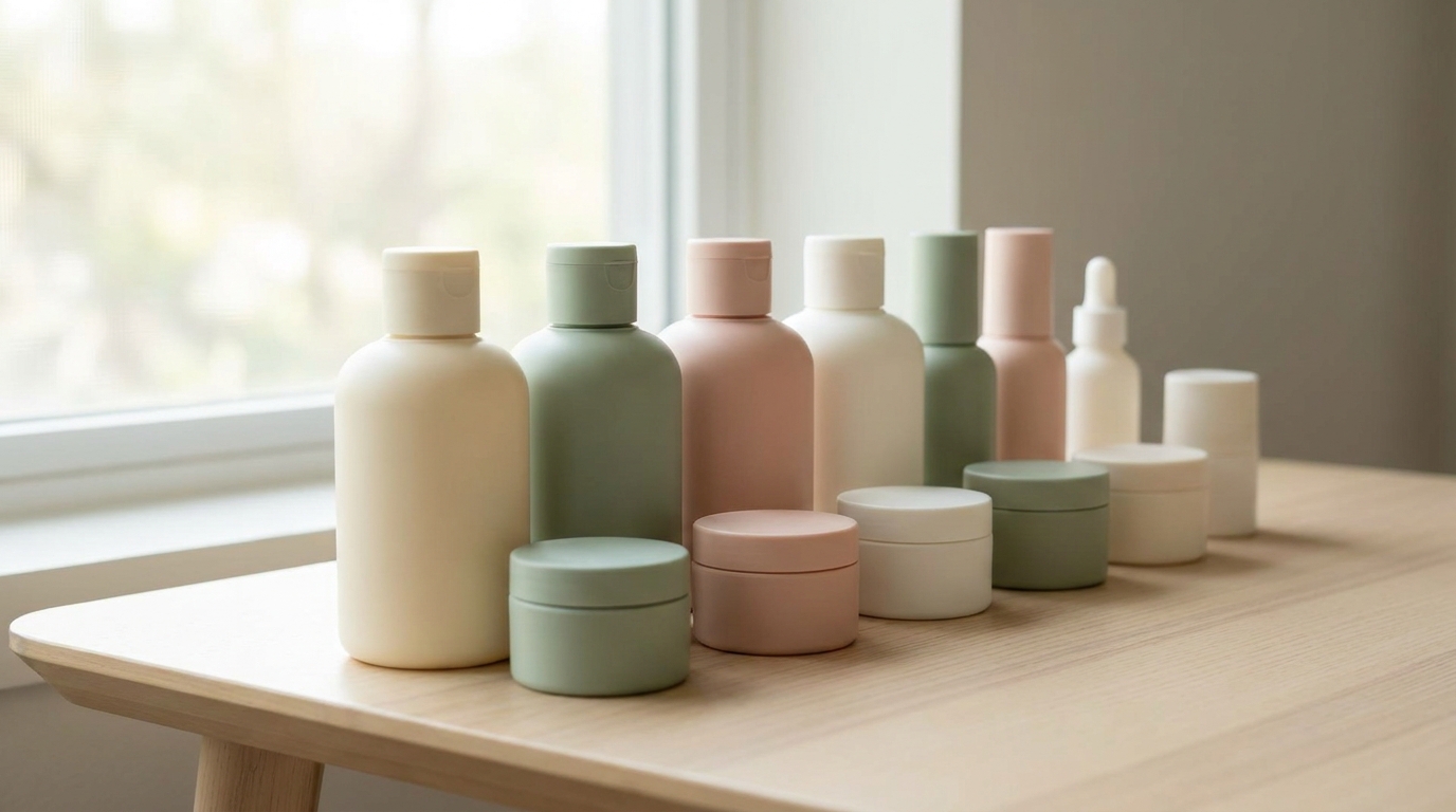 A row of plastic skincare bottles and jars in soft neutral colors like cream, sage green, blush pink, and white, arranged neatly on a bright table with soft lighting for a product catalog photo