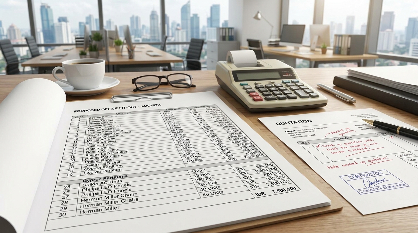 A printed bill of quantities for a Jakarta office fit-out laid open on a desk with a calculator and a marked-up quotation, showing line items with brand names, quantities, and unit prices
