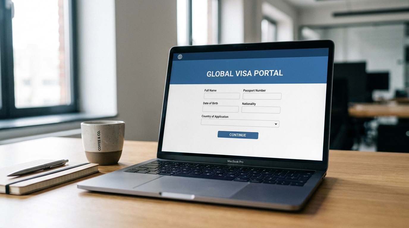 A laptop screen showing a generic online visa application portal with form fields visible, on a clean desk with a coffee cup to the side, photographed at eye level